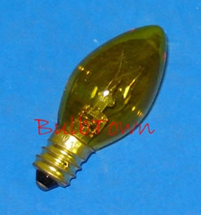 7C7/TRANSPARENT YELLOW/130V E12 BASE - 7 Watt C7 Transparent Yellow Bulb Candelabra (E-12) Brass Base 130 Volt 2-1/8" Maximum Overall Length. 7C7/TY