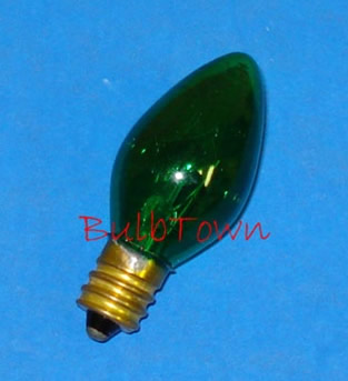 7C7/TRANSPARENT GREEN/130V - 7 Watt C7 Transparent Green Bulb Candelabra (E-12) Brass Base 130 Volt 2-1/8" Maximum Overall Length. 7C7/TG 