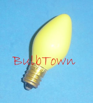 7C7/CERAMIC YELLOW/130V 7 WATT CERAMIC YELLOW C7 E12 BASE - 7 Watt C7 Ceramic Yellow Bulb Candelabra (E-12) Brass Base 130 Volt 2-1/8" Maximum Overall Length. 7C7/CY 