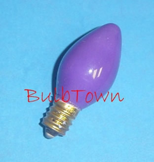 7C7/CERAMIC PURPLE/130V 7 WATT CERAMIC PURPLE C7 E12 BASE - 7 Watt C7 Ceramic Purple Bulb Candelabra (E-12) Brass Base 130 Volt 2-1/8" Maximum Overall Length. 7C7/CP
