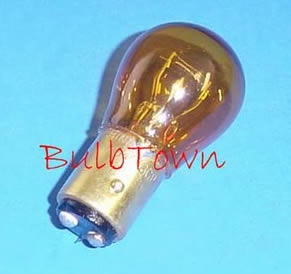  #2357A AMBER MINIATURE BULB BAY15D BASE - 12.8/14.0 Volt 2.23/0.59 Amp Painted Amber S-8, Double Contact (DC) Index Bayonet (BAY15d) Base, C-6/C-6 Filament Design. 400/5,000 Average Rated Hours. 2.0" Maxium Overall Length. #2357A Amber Miniature Bulb 